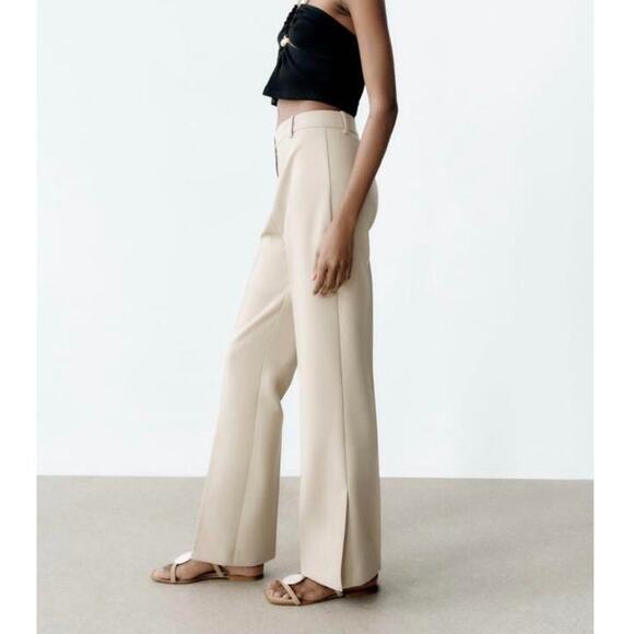 Zara Straight Fit Trousers With Split Hems Sand NWOT - Picture 1 of 7